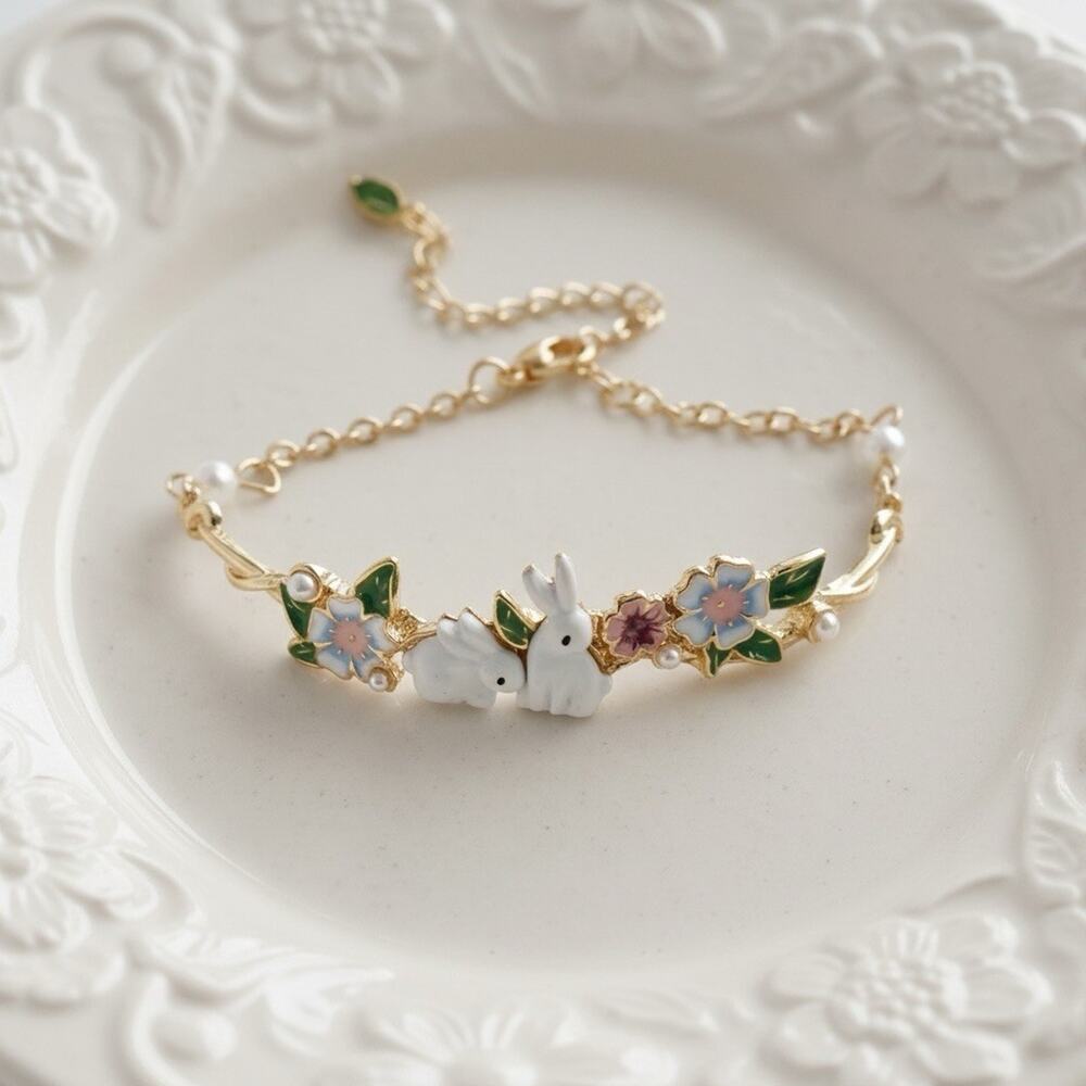 Bunny Flower Bracelet Petal Leaf Boho Chain VTG Easter Animal French Designer CZ